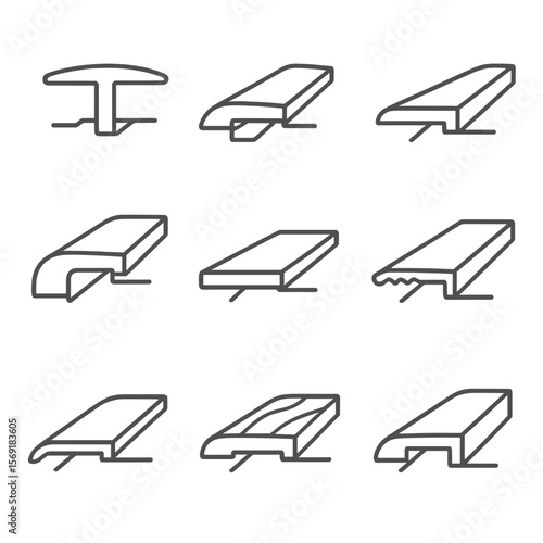 Floor Transition Icons. Line style icons of Floor Transition Strips: T-molding, reducer molding, end cap molding, stair nose,