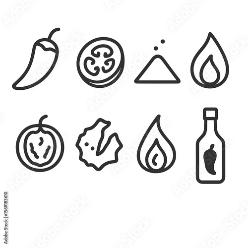 Spicy Heat Icons. Line style icons of Spicy Heat Flavors: chili pepper, jalapeño slice, cayenne powder, sriracha drop, habanero