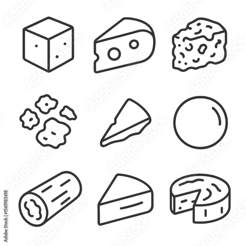 Savory Cheese Icons. Line style icons of Savory Cheese Flavors: cheddar cube, gouda wedge, blue cheese chunk, feta crumble,