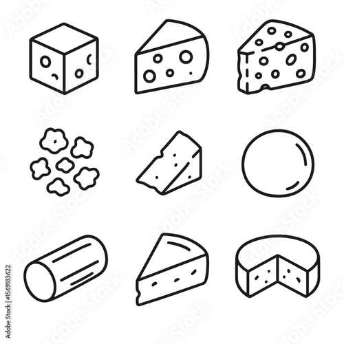 Savory Cheese Icons. Line style icons of Savory Cheese Flavors: cheddar cube, gouda wedge, blue cheese chunk, feta crumble,