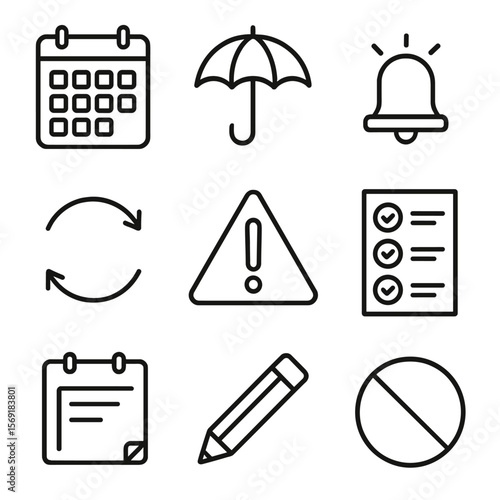 Backup Scheduling Icons. Outline style icons of backup scheduling features: backup calendar, umbrella icon, emergency bell, swap