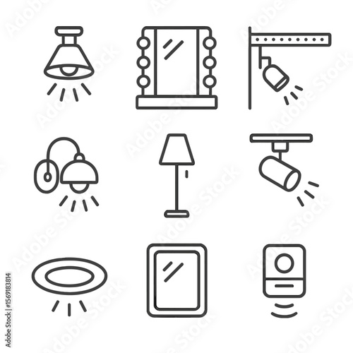 Fitting Room Light Icons. Outline style icons of Fitting Room Lighting: overhead spotlight, vanity lights, LED strip, ambient wall