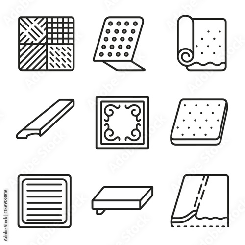 Fitting Room Floor Icons. Outline style icons of Fitting Room Flooring: carpet tile, anti-slip mat, rug underlay, threshold strip,