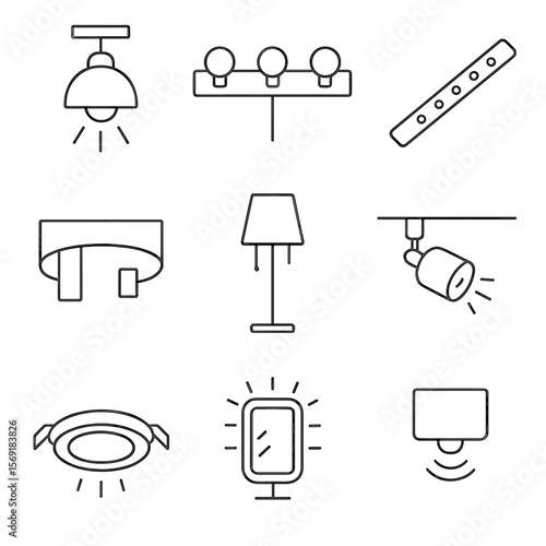 Fitting Room Light Icons. Outline style icons of Fitting Room Lighting: overhead spotlight, vanity lights, LED strip, ambient wall