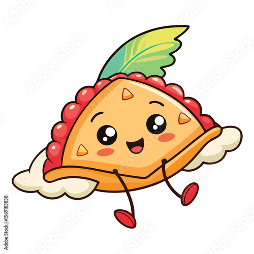 A cartoon slice of apple pie is flying with angel wings, a symbol of a delicious dessert, a sweet treat, and heaven.