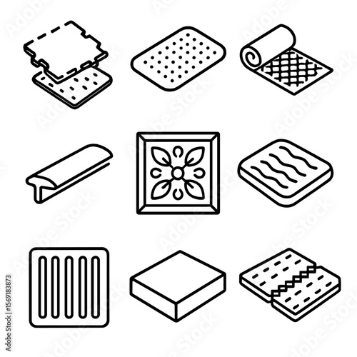 Fitting Room Floor Icons. Outline style icons of Fitting Room Flooring: carpet tile, anti-slip mat, rug underlay, threshold strip,
