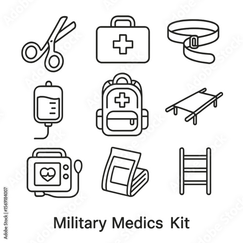 Military Medic Icons. Outline style icons of Military Medics Kit: trauma shears, first-aid kit, tourniquet strap, IV bag, medical