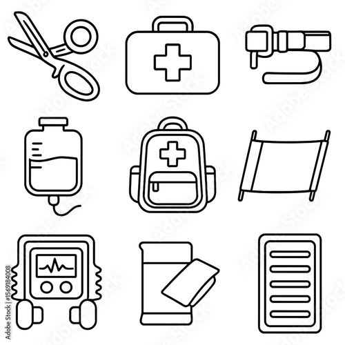 Military Medic Icons. Outline style icons of Military Medics Kit: trauma shears, first-aid kit, tourniquet strap, IV bag, medical