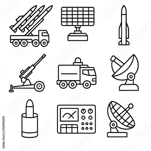 Air Defense Icons. Outline style icons of Air Defense Systems: surface-to-air missile launcher, radar array, SAM interceptor, anti