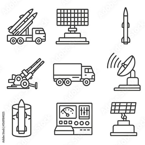 Air Defense Icons. Outline style icons of Air Defense Systems: surface-to-air missile launcher, radar array, SAM interceptor, anti