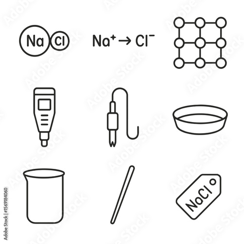 Salt Chemistry Icons. Outline style icons of Salt Science & Chemistry: NaCl molecule, ionic bond diagram, crystal lattice, pH