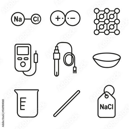 Salt Chemistry Icons. Outline style icons of Salt Science & Chemistry: NaCl molecule, ionic bond diagram, crystal lattice, pH