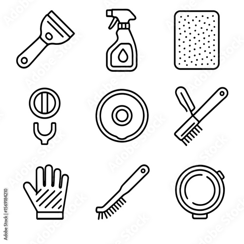 Stove Cleaning Icons. Outline style icons of Stove & Oven Cleaning: oven-safe scraper, stovetop cleaner spray, scrubby pad,