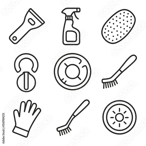Stove Cleaning Icons. Outline style icons of Stove & Oven Cleaning: oven-safe scraper, stovetop cleaner spray, scrubby pad,