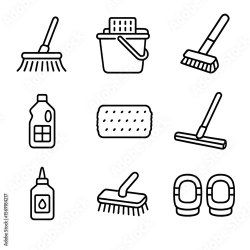 Floor Cleaning Icons. Outline style icons of Floor & Grout Cleaning: mop head, bucket wringer, grout brush, tile cleaner bottle,
