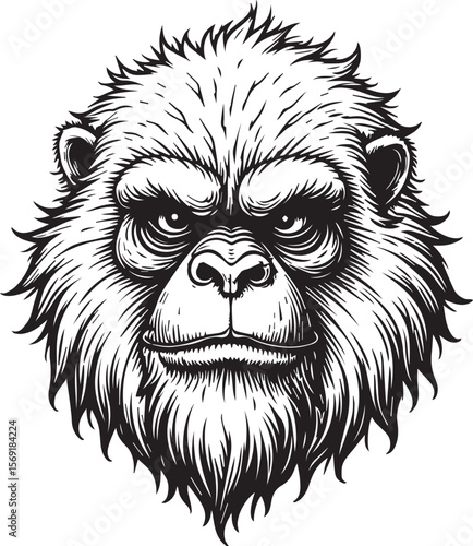 Mysterious Primate Portrait: A stark, black and white depiction of a primate face with intense gaze. Offering a study in texture, shadow, and primal expression.