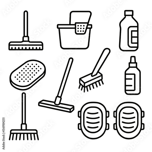 Floor Cleaning Icons. Outline style icons of Floor & Grout Cleaning: mop head, bucket wringer, grout brush, tile cleaner bottle,