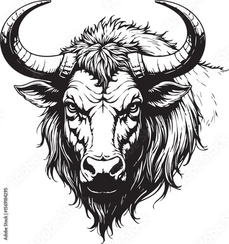 Majestic Bull Portrait: A striking black and white illustration of a powerful bull, emphasizing its formidable horns, intense gaze, and textured fur.