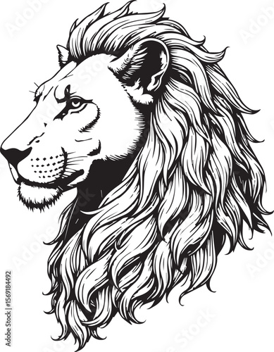 Regal Lion Portrait: A striking illustration of a lion's profile, its majestic mane flowing, exuding strength and courage. This monochrome artwork captures the essence of the king of the jungle.