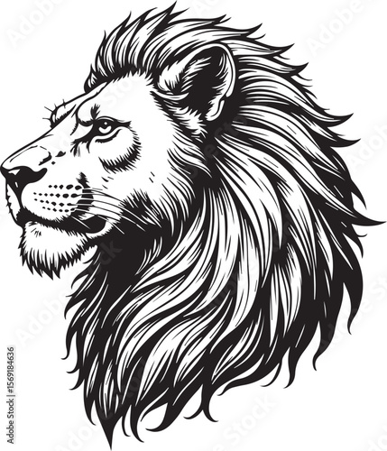 Lion's Regal Gaze: A striking illustration of a lion's majestic profile, showcasing its bold mane and intense gaze, portraying the animal's power and regal essence.
