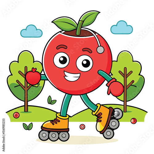 A cartoon apple is happily rollerblading, a symbol of a healthy lifestyle, fun, and sports.