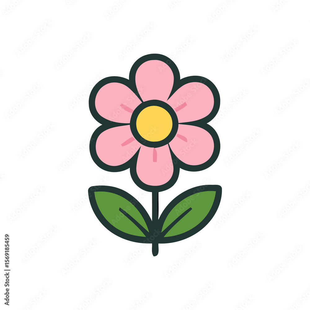 Naklejka premium Simple Pink Flower Icon: Flat Design, Minimalist Style, Cheerful Mood, Vector Illustration.