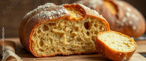 Golden-brown cob bread, rustic texture, crumbly interior,  kitchen,  crumb