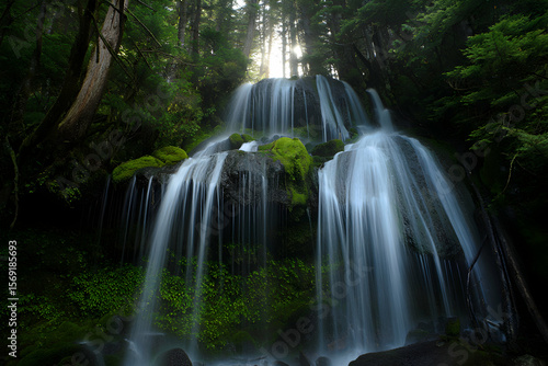 Serene Waterfall Cascading Over Mossy Rocks in Forest