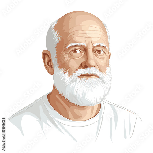 Mature bald man with white beard serious look white background illustration
