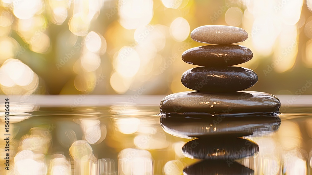 Obraz premium Stacked stones balanced on water, reflecting the golden light.