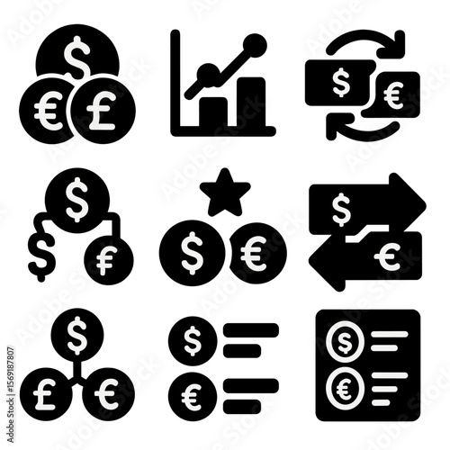 Multi-Currency Icons. Solid style icons of multi-currency setup: multiple currencies icon, comparison chart, convert all, batch