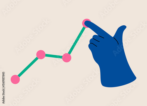 Hand up holding chart arrow. Profit growing concept. Colorful vector illustration