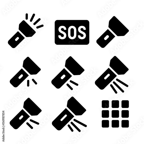 Flashlight Mode Icons. Solid style icons of flashlight modes: strobe light icon, SOS signal, low brightness, high beam, flashing