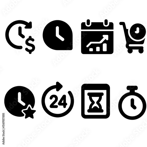 Time Management Icons. Solid style icons of time-based features: hourly rate change, end-of-day rate, weekly trend icon, rate at