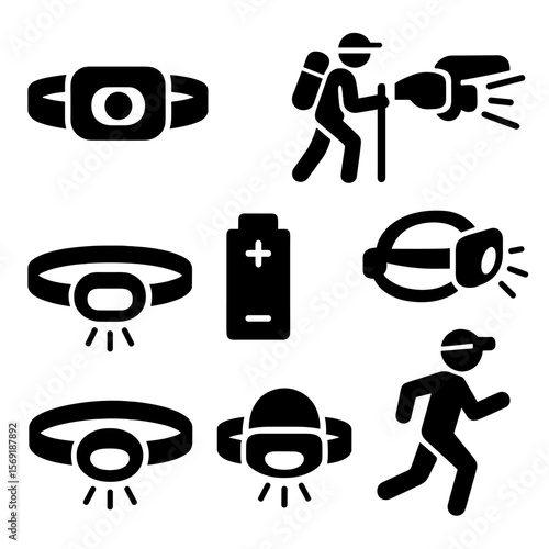 Solid Headlamp Icons. Solid style icons of headlamp and wearable lights: headlamp icon, strap-on light, hiking headlamp,