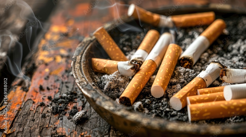 Fototapeta premium Dirty ashtray full of cigarette butts on aged wooden table, concept of smoking addiction and health risk