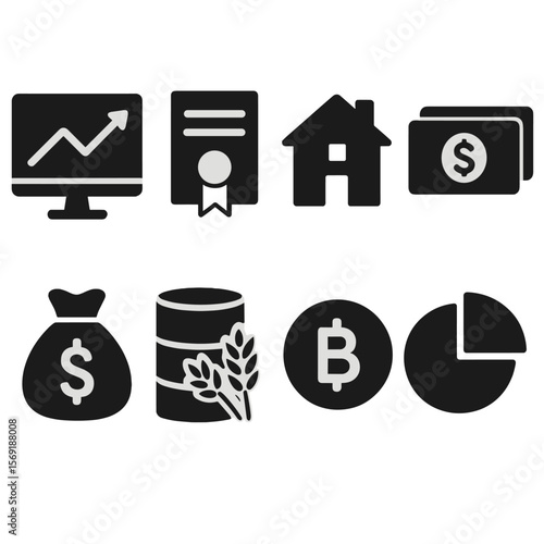 Asset Class Icons. Solid style icons of asset classes: stocks icon, bonds icon, real estate icon, cash asset, commodities icon,