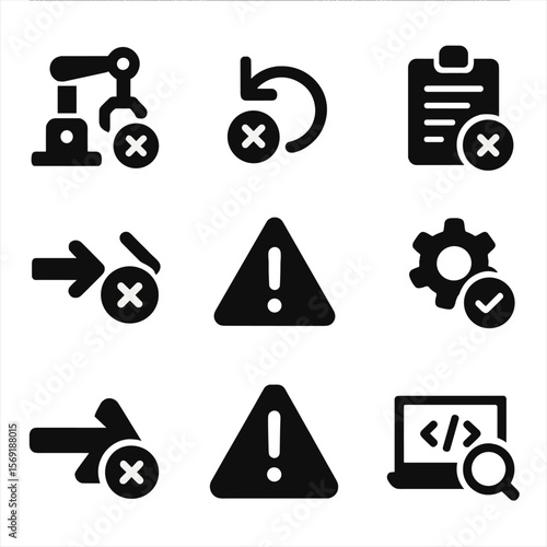 Error Handling Icons. Solid style icons of error handling: failed automation icon, fallback trigger, retry step, error log icon,