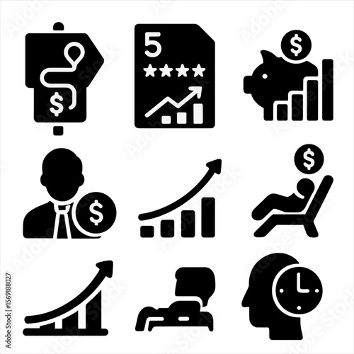 Financial Planning Icons. Solid style icons of financial planning: financial roadmap, 5-year plan, forecast chart, net worth