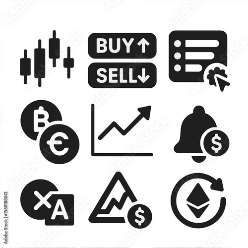 Crypto Trading Icons. Solid style icons of trading and exchange: candlestick chart, buy/sell button, order book, limit order icon,