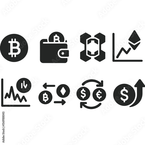 Cryptocurrency Solid Icons. Solid style icons of cryptocurrency investing: bitcoin icon, crypto wallet, blockchain chart, ETH