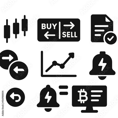 Crypto Trading Icons. Solid style icons of trading and exchange: candlestick chart, buy/sell button, order book, limit order icon,