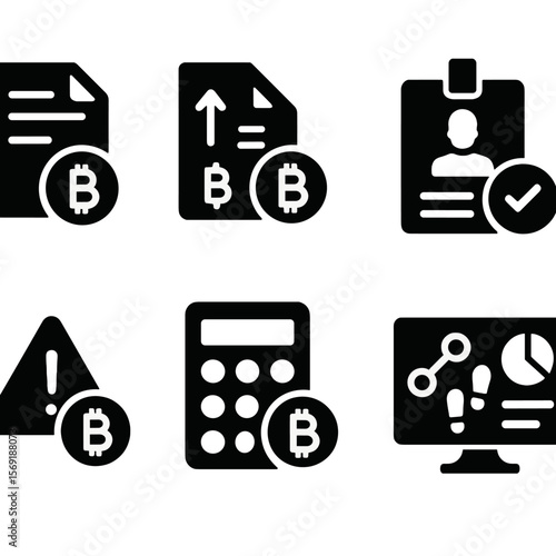 Crypto Tax Icons. Solid style icons of crypto taxes and regulation: crypto tax form, gain/loss report, KYC badge, compliance icon,
