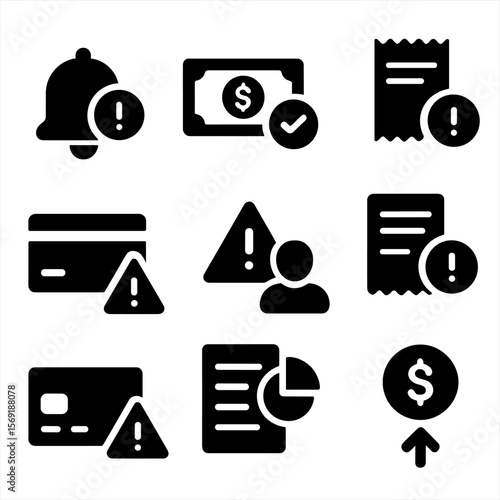 Notification Alert Icons. Solid style icons of notifications and alerts: push alert icon, payment received, balance low alert,