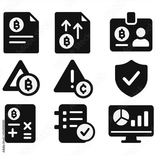 Crypto Tax Icons. Solid style icons of crypto taxes and regulation: crypto tax form, gain/loss report, KYC badge, compliance icon,