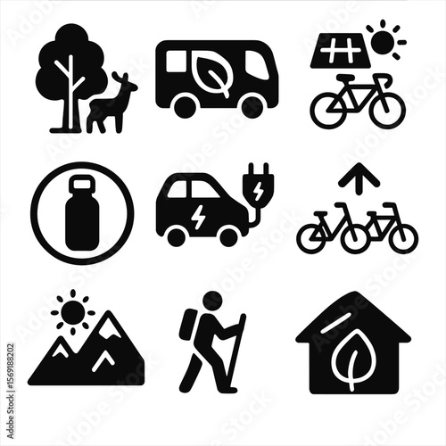 Sustainable Travel Icons. Solid style icons of sustainable travel icons: nature reserve icon, green transport icon, solar powered