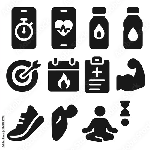 Health Fitness Icons. Solid style icons of health and fitness apps: exercise timer, pulse monitor, calorie counter, water intake