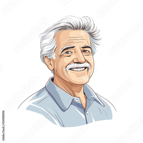  Mature man with white mustache smiling warmly white background illustration