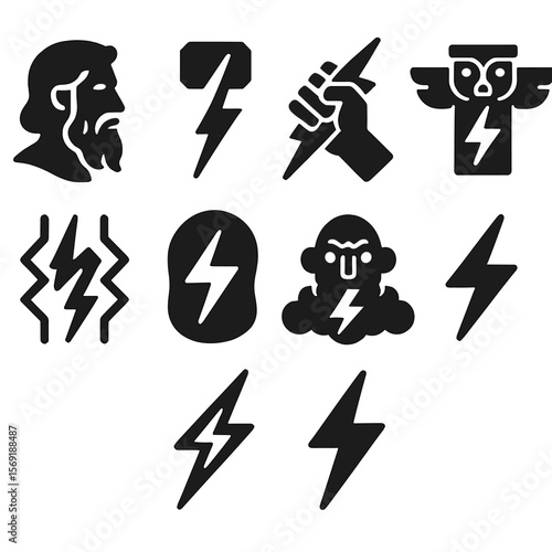 Mythical Lightning Icons. Solid vector icons of myth and culture: Zeus bolt icon, Norse lightning hammer, god hand with bolt,