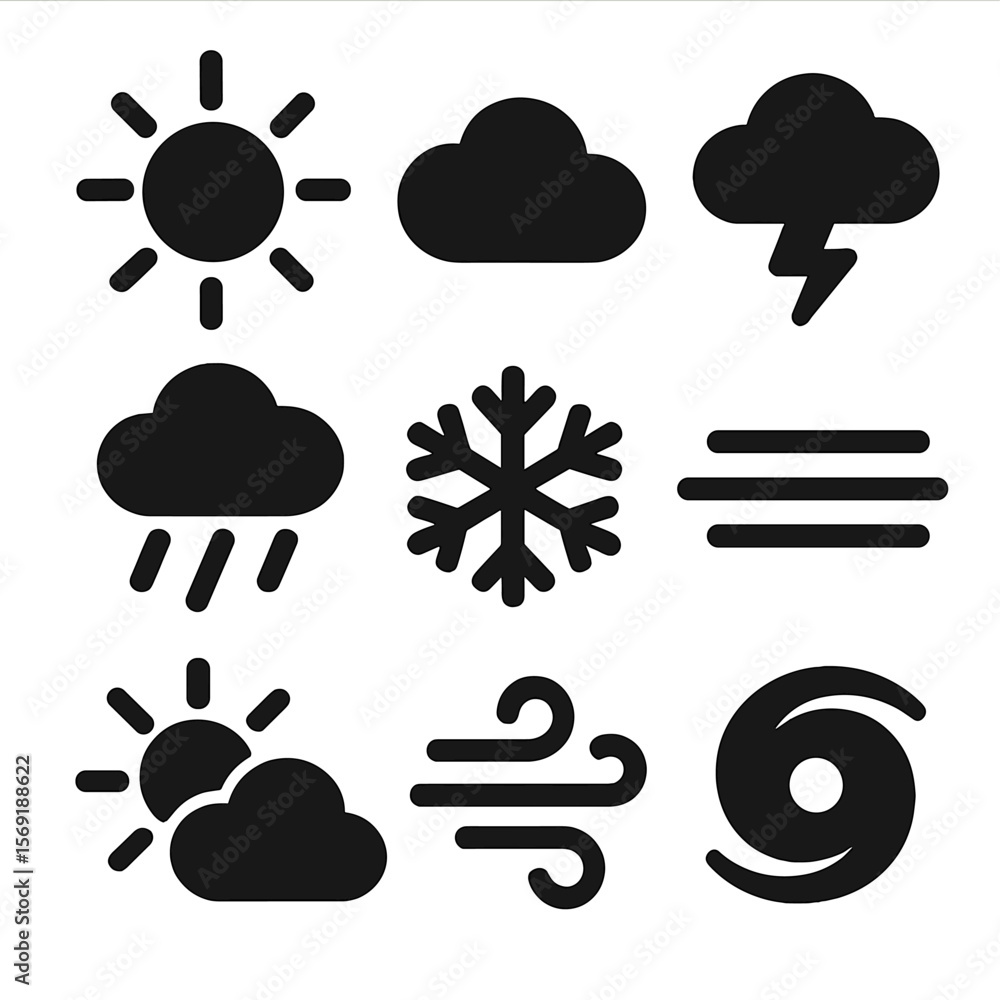Weather Icon Set. Solid vector icons of weather types: sunny icon, cloudy sky, thunderstorm with lightning, rainy cloud, snowflake Weather Icon Set. Solid vector icons of weather types: sunny icon, cloudy sky, thunderstorm with lightning, rainy cloud, snowflake